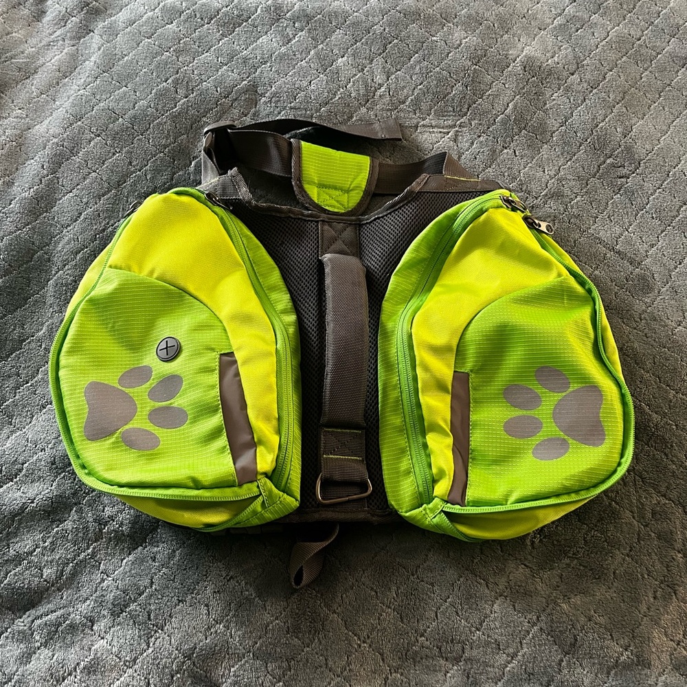 Reflective Dog Backpack Harness Hiking Vest Lime Green Pockets Padded Handle